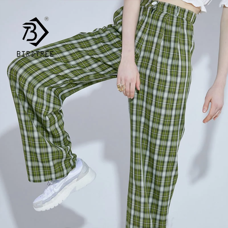 

Fall Women Green Plaid Wide Leg Pants High Waist Loose Straight Pants Spring Casual Pockets Streetwear Baggy Trousers B08521F