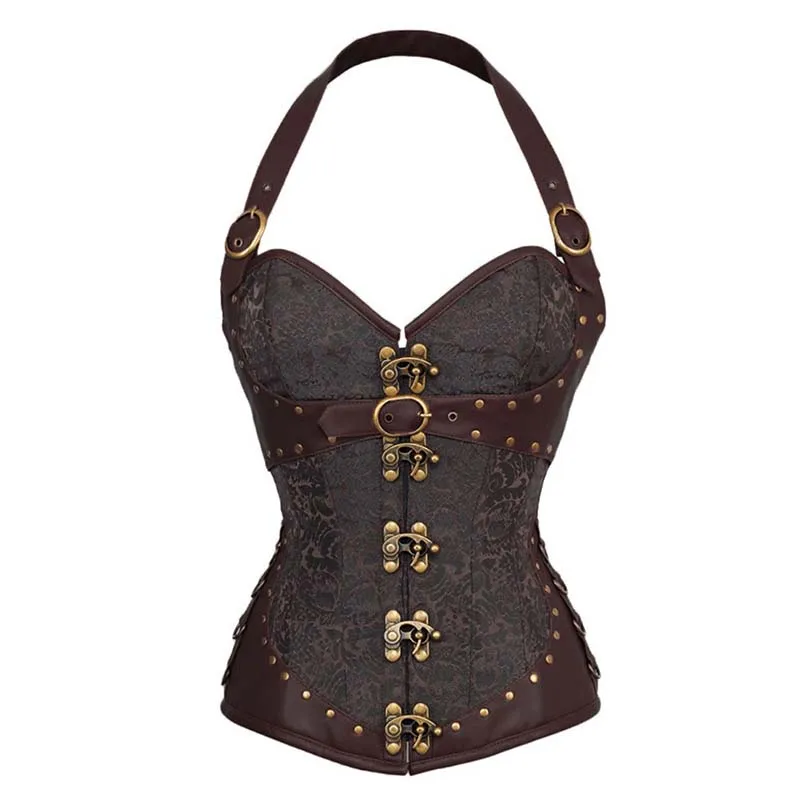 

Women Halter Corset Tight Lacing Buckle Waist Cincher Rock Steampunk Clothing Sexy Lingerie Faux Leather Corset PK141