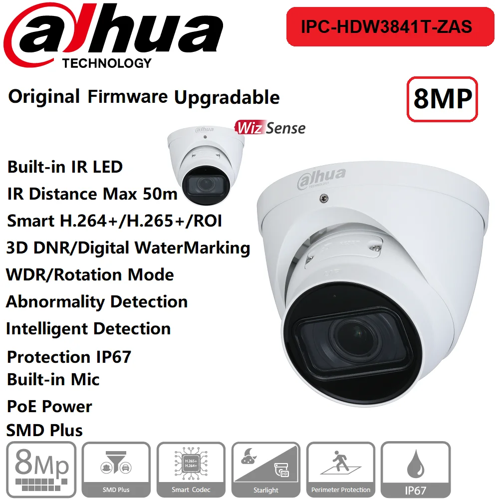 

IP Camera Dahua 8MP IPC-HDW3841T-ZAS IR50m Vari-Focal Eyeball WizSense Network Buil-in Mic PoE Onvif Protection IP67 SMD Plus