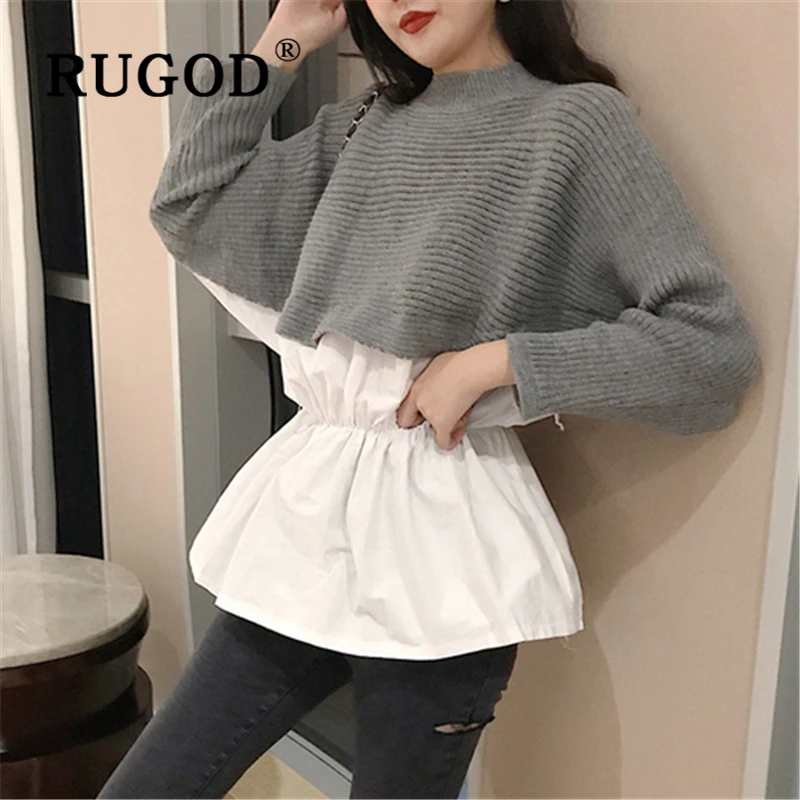 RUGOD Elegant patchwork knitted women sweater Fashion round neck batwing sleeve college tops Auturm casual ruffles lady clothes | Женская