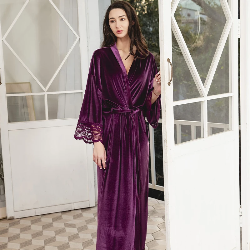 Bride Bridesmai Long Velvet Robes with Lace Robe for Women Party Soft Fuzzy  Wedding Homewear Bathrobe purple velvet robe