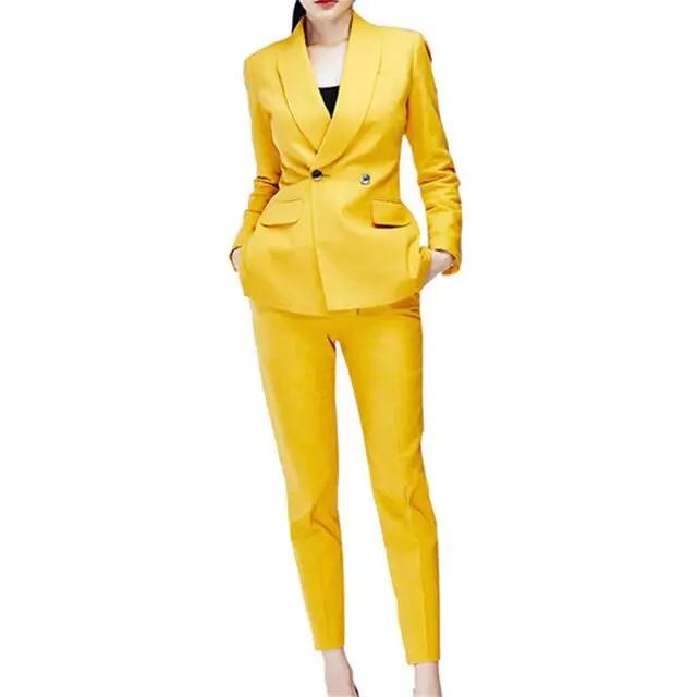 2020 Yellow Ladies Suit Blazer Spring Summer Women Suits Office Wear Female Work Wear Office Suit 2 Pieces Suits(Jacket+Pants)