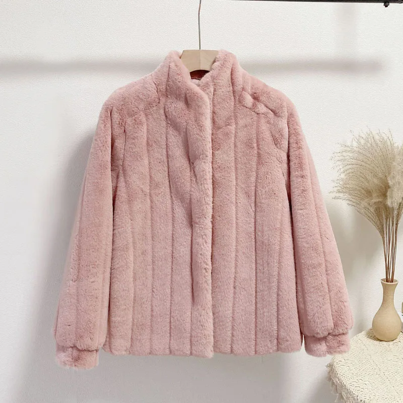 2021 Casual  Furry Faux Rabbit Fur Coat Women Stand Collar Winter Plush Fur Coats Warmer Long Sleeve High Quality Woman Jacket