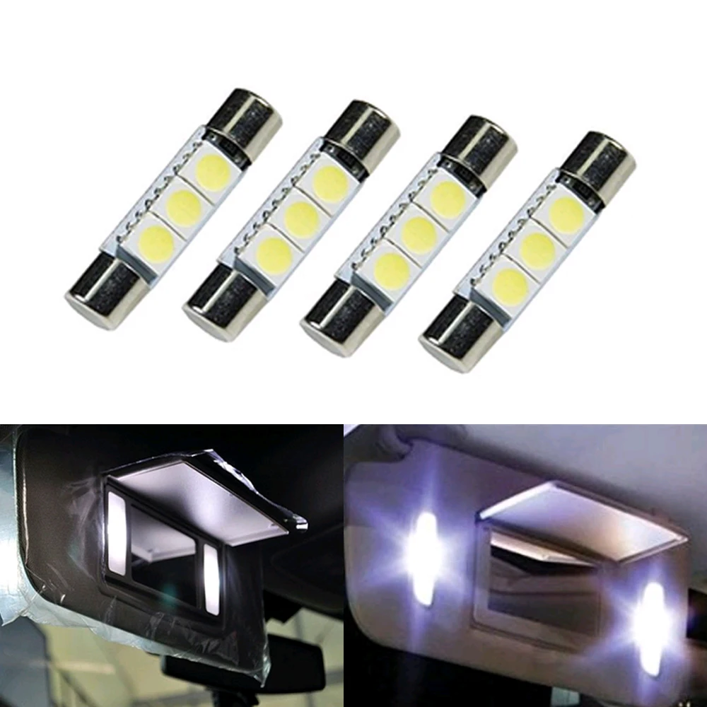 

4 Pcs Car Auto Interior White HID 3SMD 31mm 6641 Fuse LED Bulbs Vanity Mirror Light Sun Visor Lamps Replacement Universal