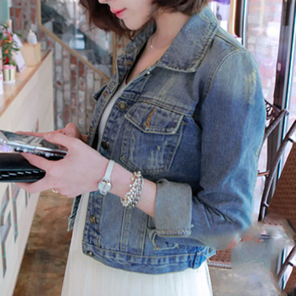 Женский джинсовый Бомбер с потертостями базовая Женская Повседневная винтажная