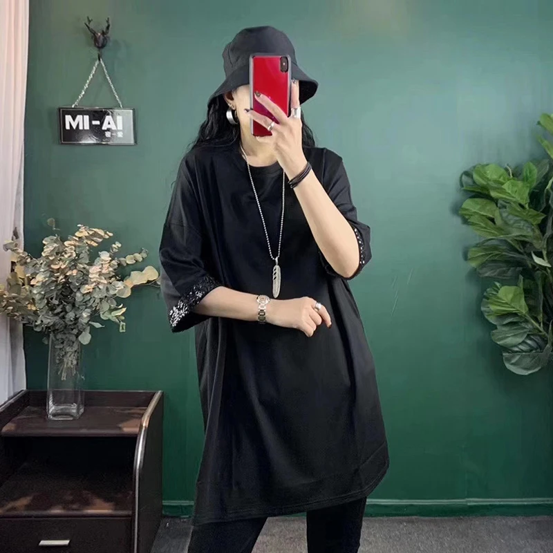 

CHICEVER Casual T Shirt For Women O Neck Short Sleeve Patchwork Sequins Side Split Loose T Shirts Female 2021 Summer Clothes New