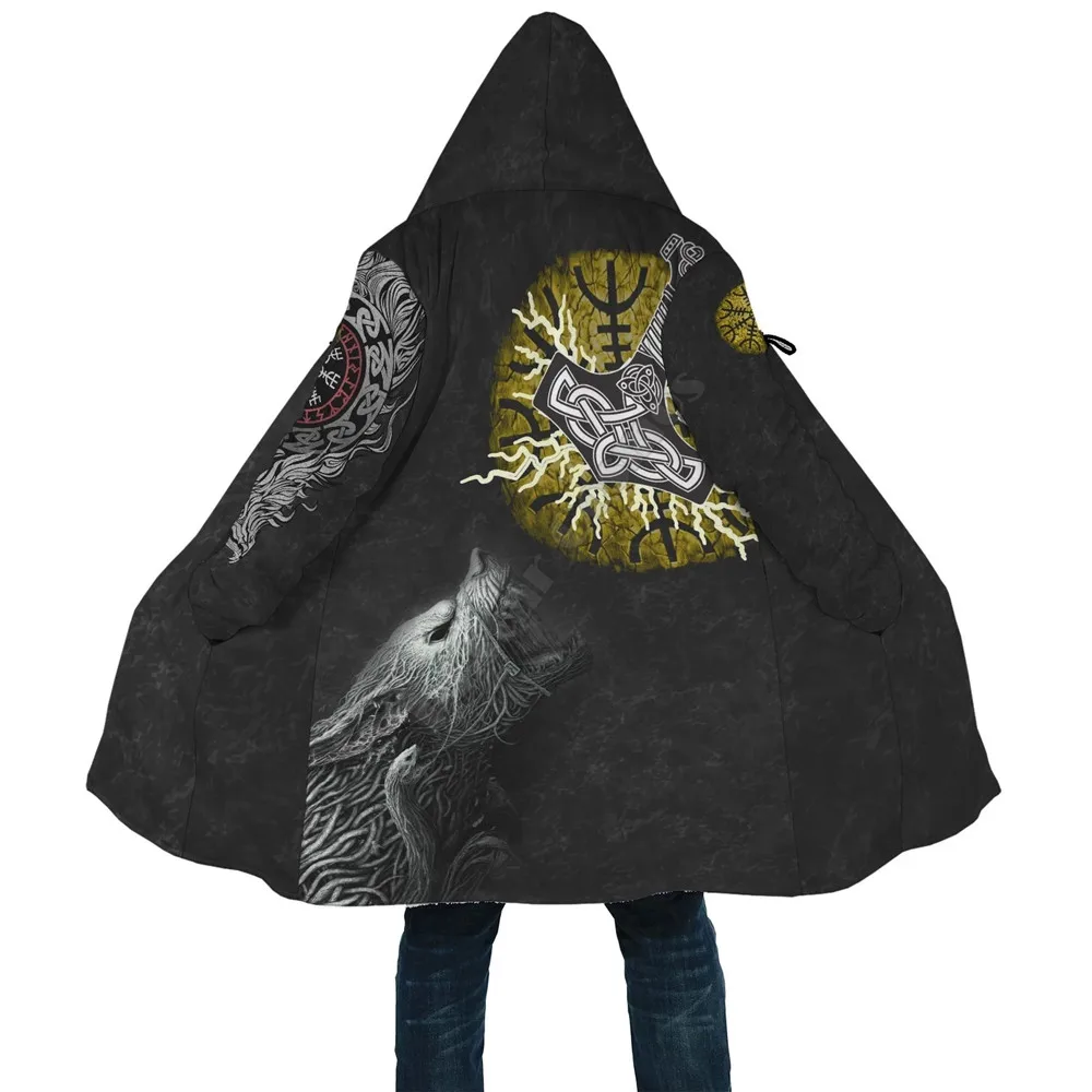 

Viking Cloak Fenrir Fight Mjolnir of Thor on Helm Of Awe 3D Printed Hoodie Cloak Men Women Winter Fleece Wind Breaker Warm Cloak