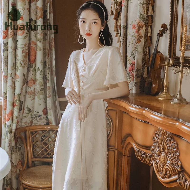 

Retro V-neck Sweet Dress Female Summer 2021 Fairy White Dress Satin With 3D Floral Pattern High Street Japan Style Dress Women