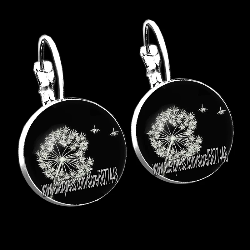 

Dandelion Round Glass Cabochon Women Earrings Art Photos Black and White Dandelion Girls Stud Earrings