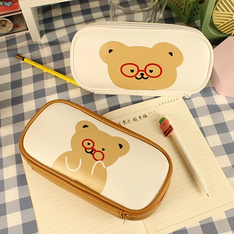 Bear Pencil Case Student Stationery Storage Bag Large Capacity Cute Pen Box Girls Cosmetic Cases Holder Kawaii Organizer Pouch