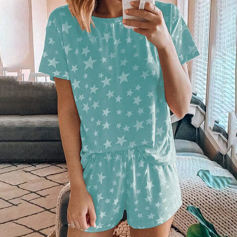 

Lovely Star Printed Women Sleepwear Suits Summer O-Neck Short Sleeve Shorts Pajamas Ladies Soft 2021 Loose Female Homewear Suit