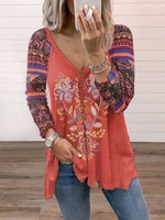 vintage floral printed t shirt women clothing 2021 autumn casual loose long sleeve tops v neck tee shirt tunic ladies oversize