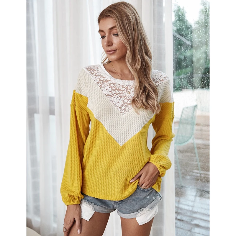 Women'S Autumn Long Sleeve Sweater Sexy Stitching Female Fashion Loose Lace Tops |