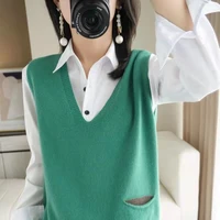 100 pure wool sweater knitted pullover vest ladies loose vneck fashion allmatch spring autumn new sleeveless side slit waistcoa