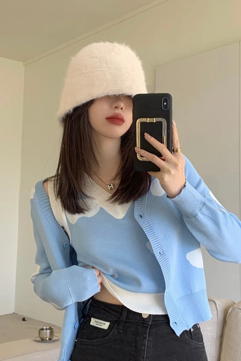 Korejepo Two Piece Set Sweater Women Spring and Antumn 2022 New Contrast Jacquard Short Cardigan Knitted Vest Suits |