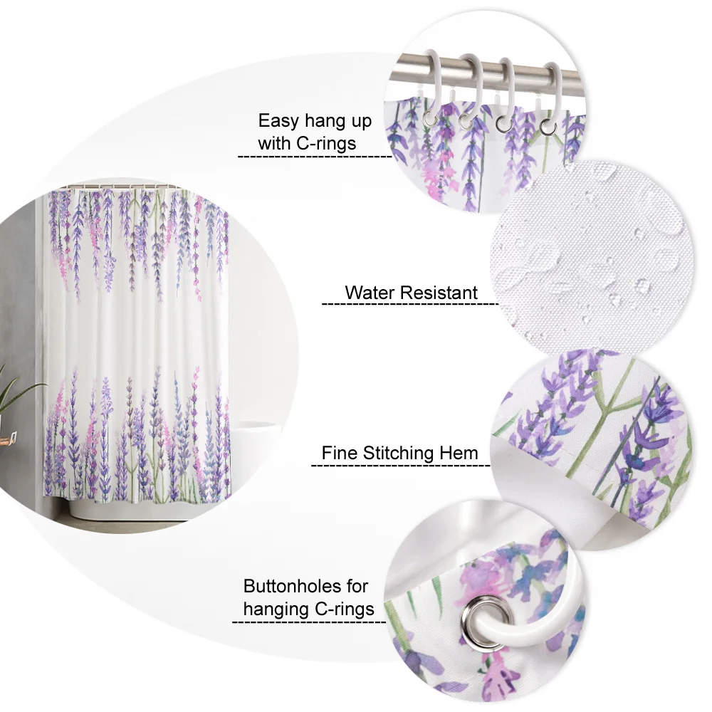 

Plant Purple Lavender Watercolor Painting Shower Curtain Polyester Fabric Waterproof Shower Curtains Modern Bathroom Curtain