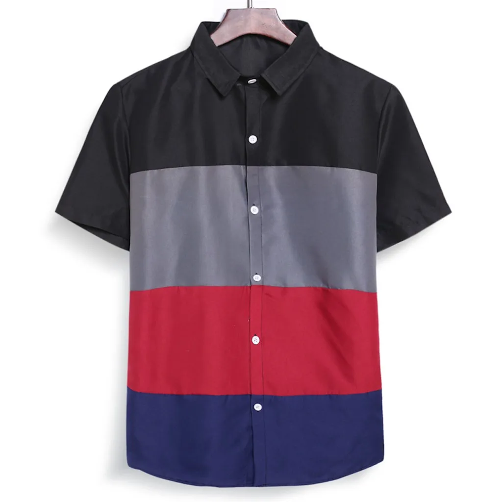 

2021 Mens Short Sleeve Shirt Stitching Stripes Printed Shirts Man Ethnic Loose Buckle Blouse Casual Summer Streetwear Tops 4#