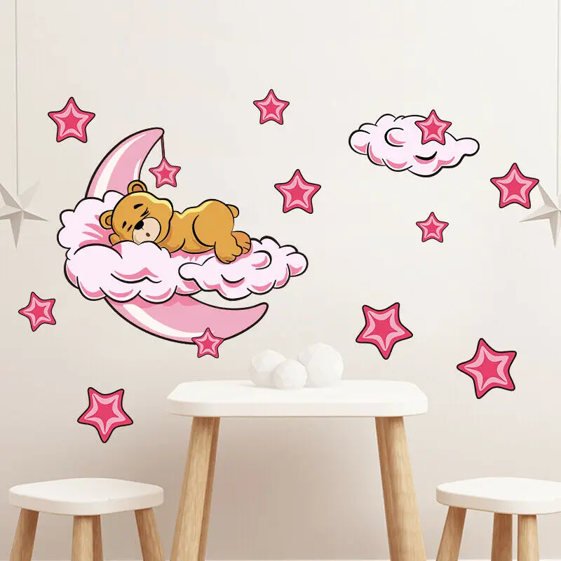 Милый медведь облака звезды наклейка на стену луна DIY детская комната