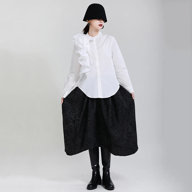 

[Aurance] Women Long Sleeve Three-dimensional Flower White Blouse New O-neck Loose Fit Shirt Fashion Tide Spring 2021 Clothing