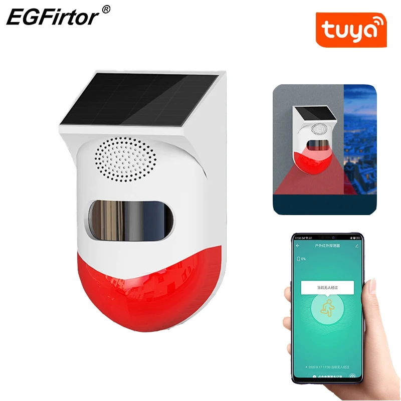 

Solar Strobe Light With TUYA WiFi PIR Detector Siren APP Notification 120db Sound Security Siren IP65 For Home Farm Barn Villa