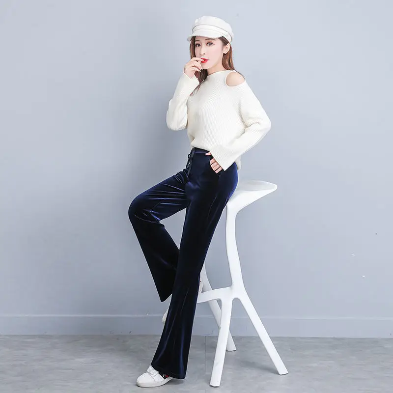 

Autumn New 2021 Women Gold Velvet Wide-leg Pants Elastic Waist Velvet Trousers Loose Drape Casual Plus Size 4XL Y122