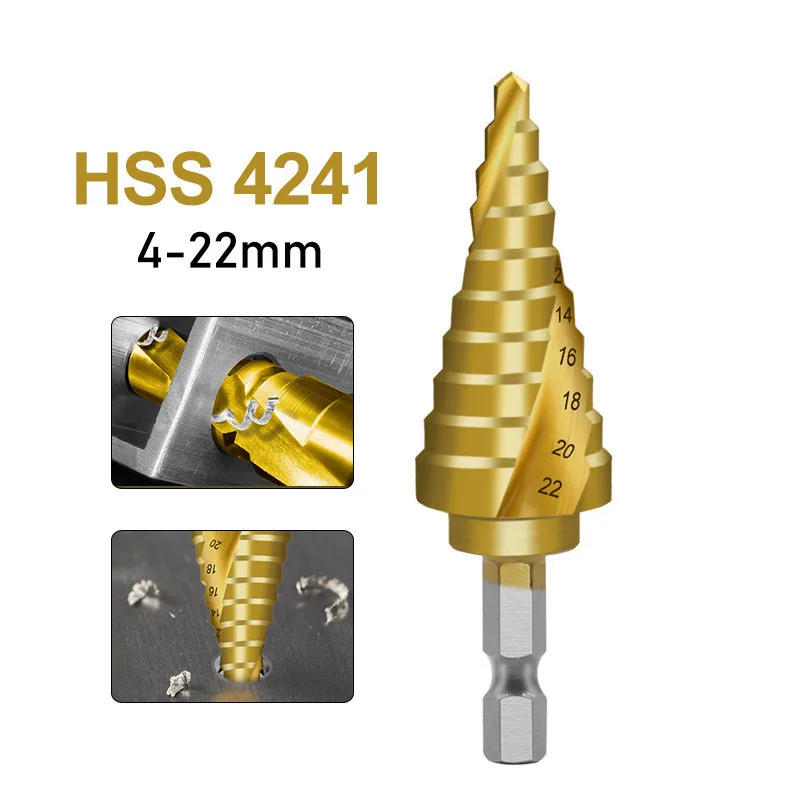 4-22mm Titanium Plated Spiral Groove Bit 4241 Hexagonal Handle Pagoda Ladder Bit High Speed Steel Reamer Hole Opener enlarge