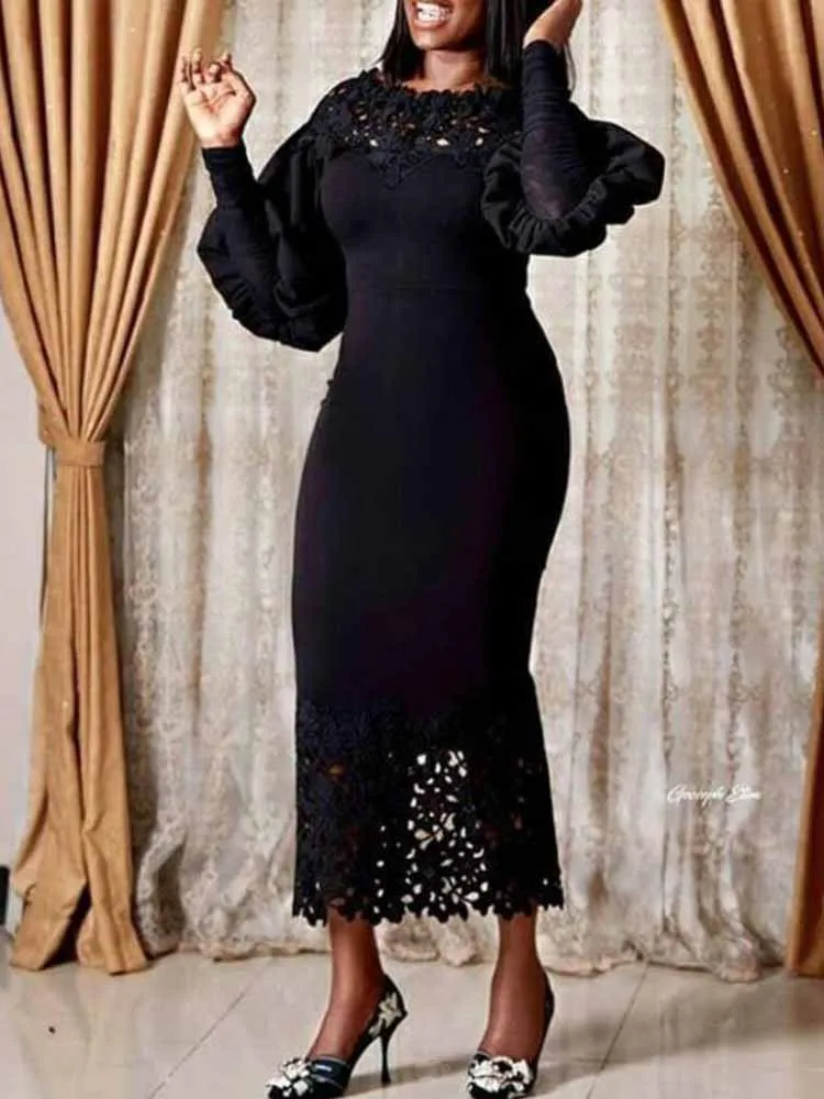 

African Dresses For Women 2021 New Fashion Slim Lace Patchwork Lantern Sleeve Long Party Dress Solid Elegant Robe Summer
