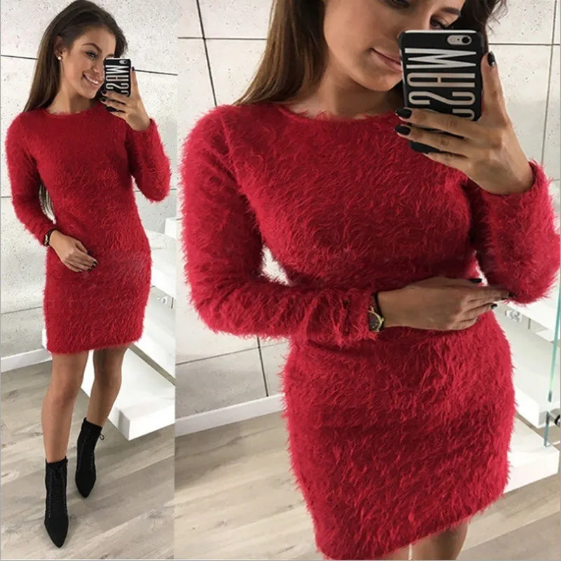 

Fashion Winter Plush sweater Dress Women Party night Bodycon Christmas Black clothing Sexy Mini bandage knitted Dress For Female