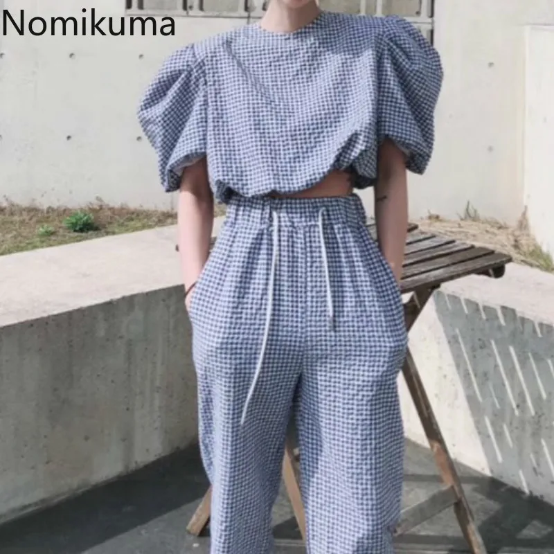 Женский клетчатый комплект Nomikuma повседневный из двух предметов укороченный топ