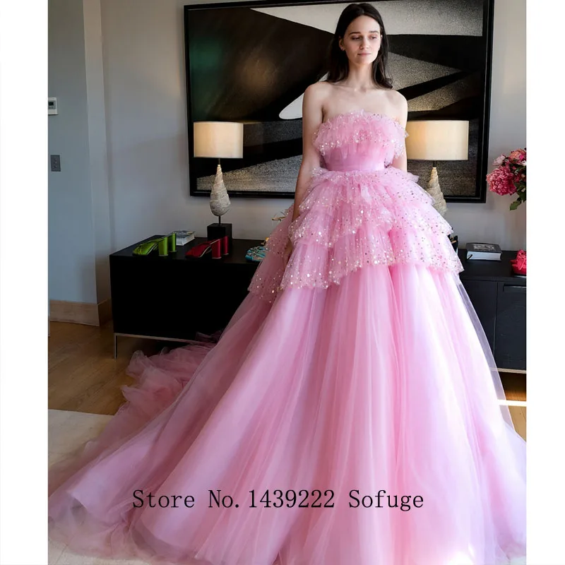 

Bling Bling Beads Pink Tiered Evening Dresses Prom Strapless Court Train Vestidos De Fiesta Robe De Soiree Plus Size