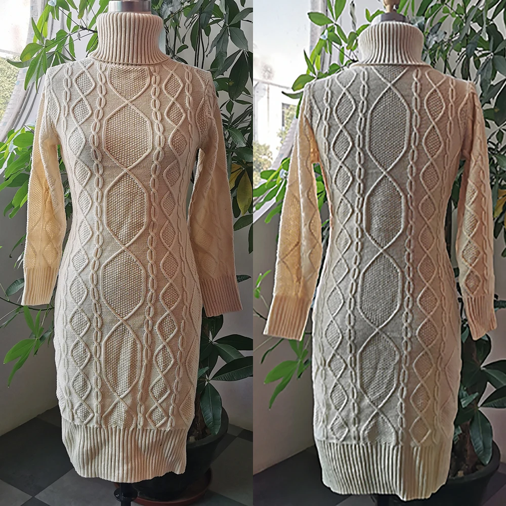 Женское трикотажное платье свитер с высоким воротником Зимний пуловер модный