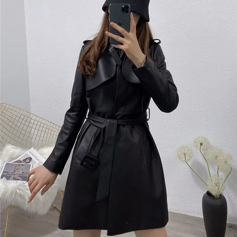 2022 new women genuine leather jacket girl female real sheepskin long coat trench overcoats