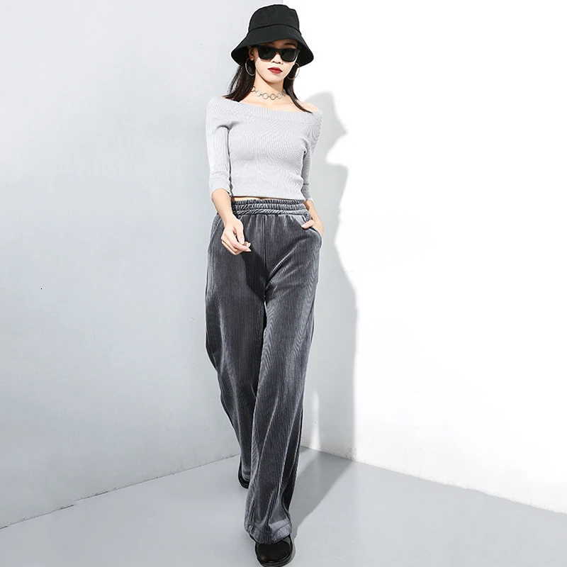 [EAM] High Elastic Waist Black Long Velvet Wide Leg Trousers New Loose Fit Pants Women Fashion Tide Spring Autumn 19A-a25