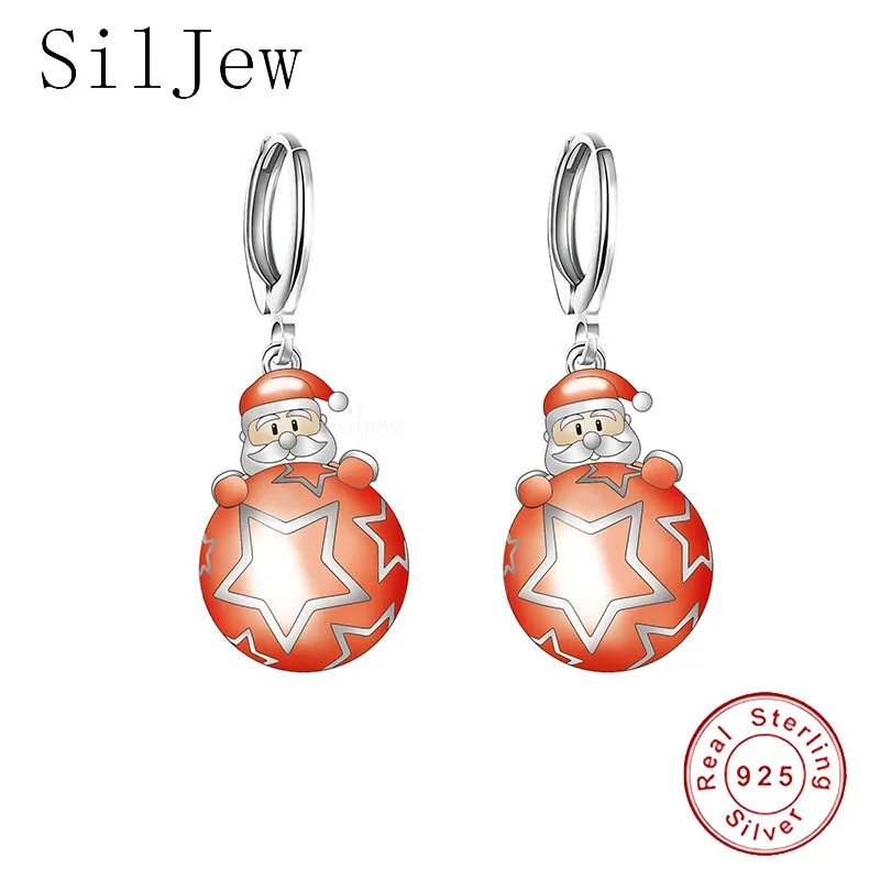 

SilJew Лидер продаж для женщин Аутентичные 925 стерлингового серебра Санта Клаус висячие серьги в виде колец, для девочек Броши с красной эмалью...