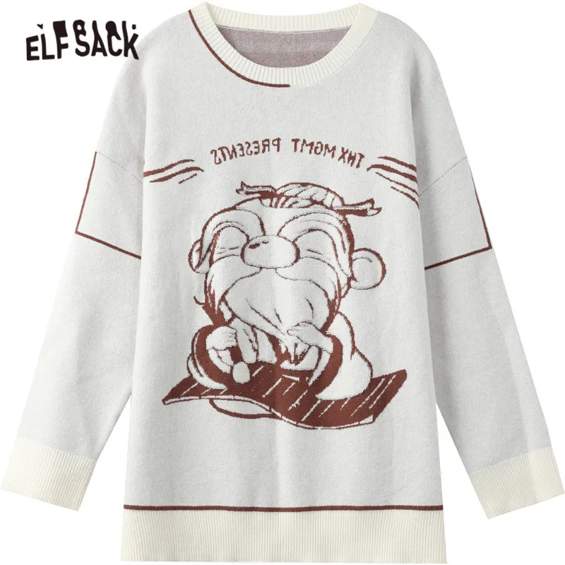 

ELFSACK Confucius Jacquard Korean Women Knit Pullovers Sweaters,2021 Winter ELF Full Sleeve,Casual Girly Minimalist Daily Top