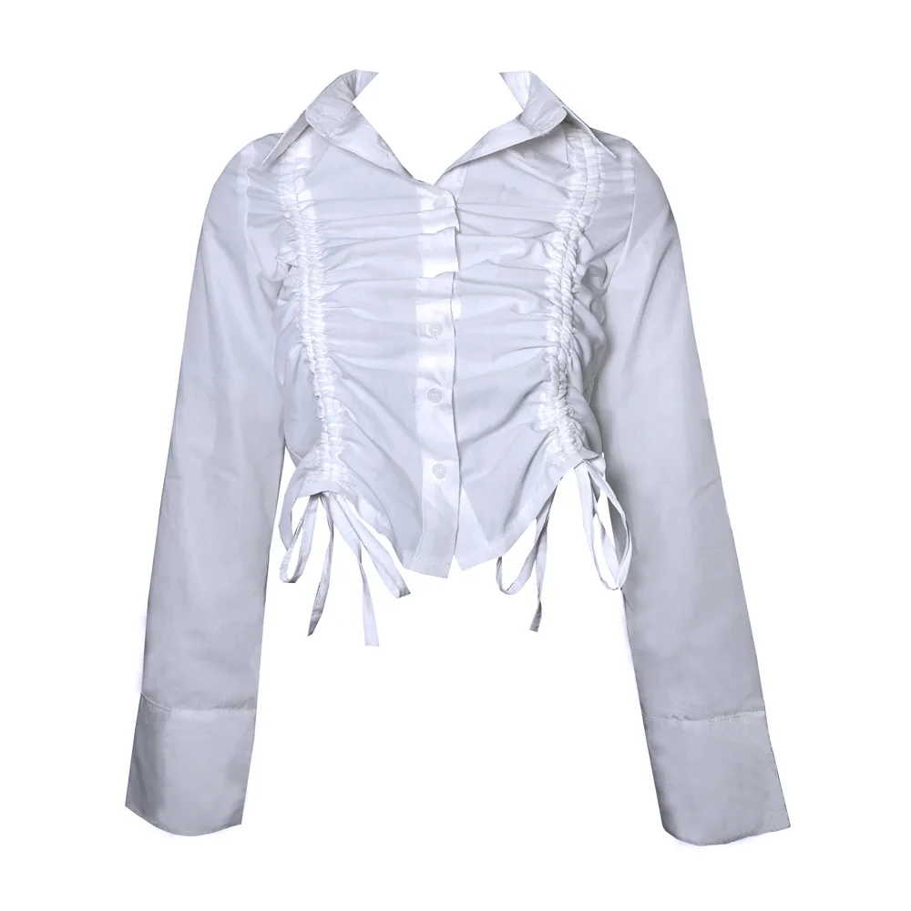 

Foridol white casual ruched lace up blouse shirt long sleeve autumn winter 2020 vintage cropped blouse tops office ladies tops