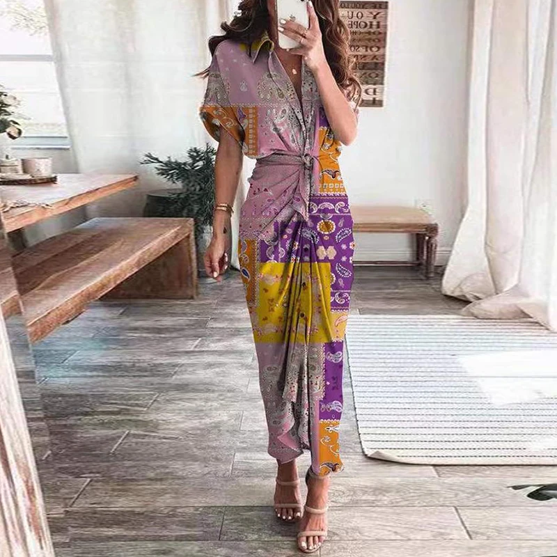 

Printed Midi Dress Robe for Women Autumn Casual Short Sleeve Dress Shirt Female Elegant Maxi Vestidos Spring Vestido De Mujer