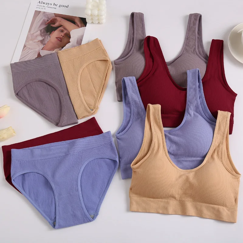 Seamless Tops Set High Waist Panties Women Wireless Underwear Suit Soft Padded Bras Set S-XL Backless Bralette Lingerie