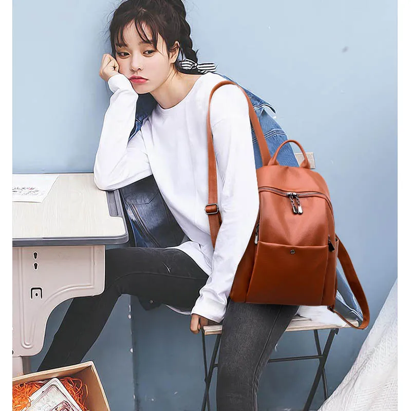 Большой женский кожаный рюкзак A4 школьный ранец коричневые черные красные