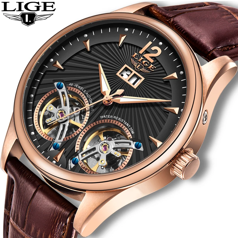 Мужские часы 2020 мужские LIGE повседневные механические с двойным турбийоном и
