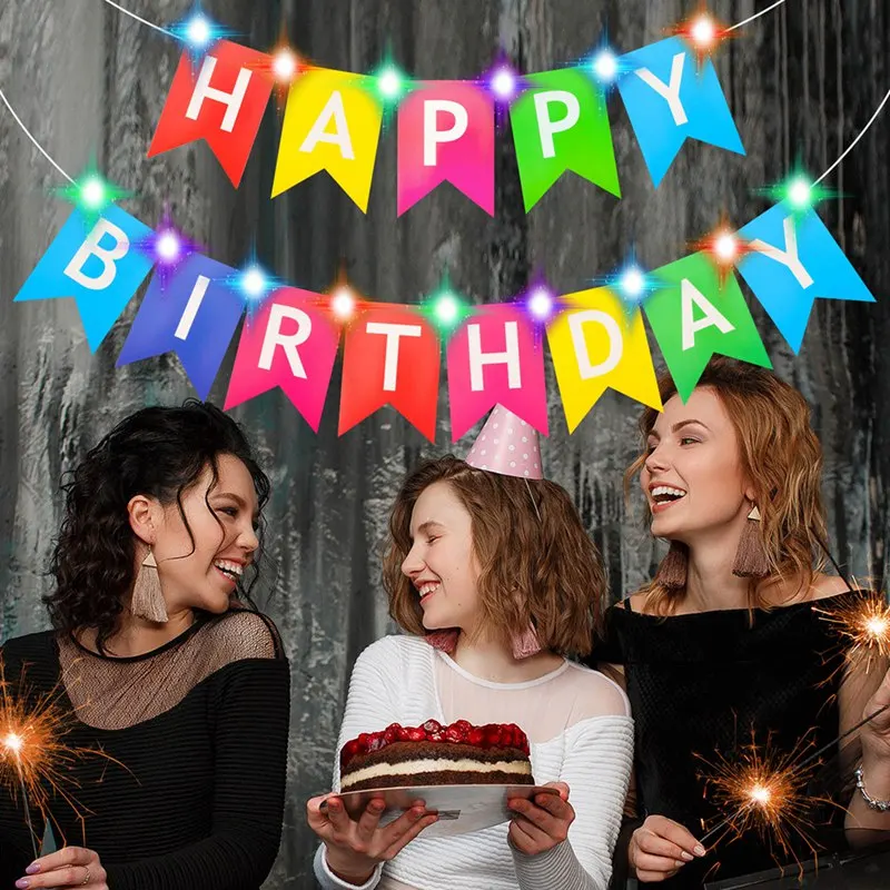 

Happy Birthday Lettering LED Light Banner Color Fishtail Flag + 2 2m LED String Lights Birthday Party Accessories Decoration set