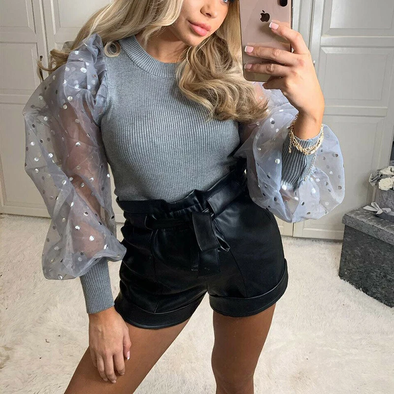 Женский Тонкий Топ в рубчик с металлическими буффами на пятнах повседневные