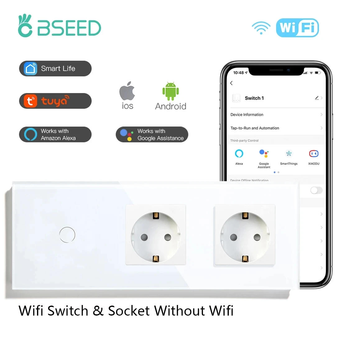 

BSEED Wifi Wall Touch Switches 1/2/3Gang 1/2/3 Way Light Switch With Double EU Power Sockets Smart Life Google Alexa Control