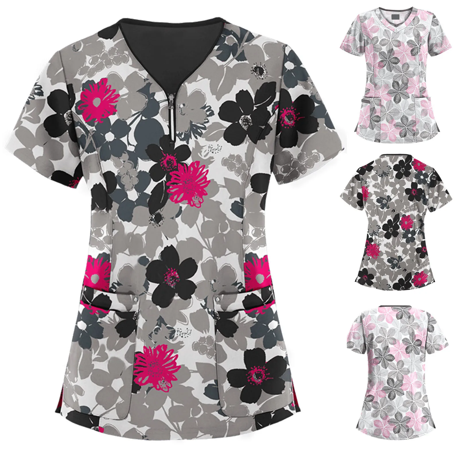 

Casual Nursing Scrubs Tops Woman T Shirt Print Short Sleeve Working Women Scrubs Uniforms Nurse V-neck Pocket Women Clothes 2021