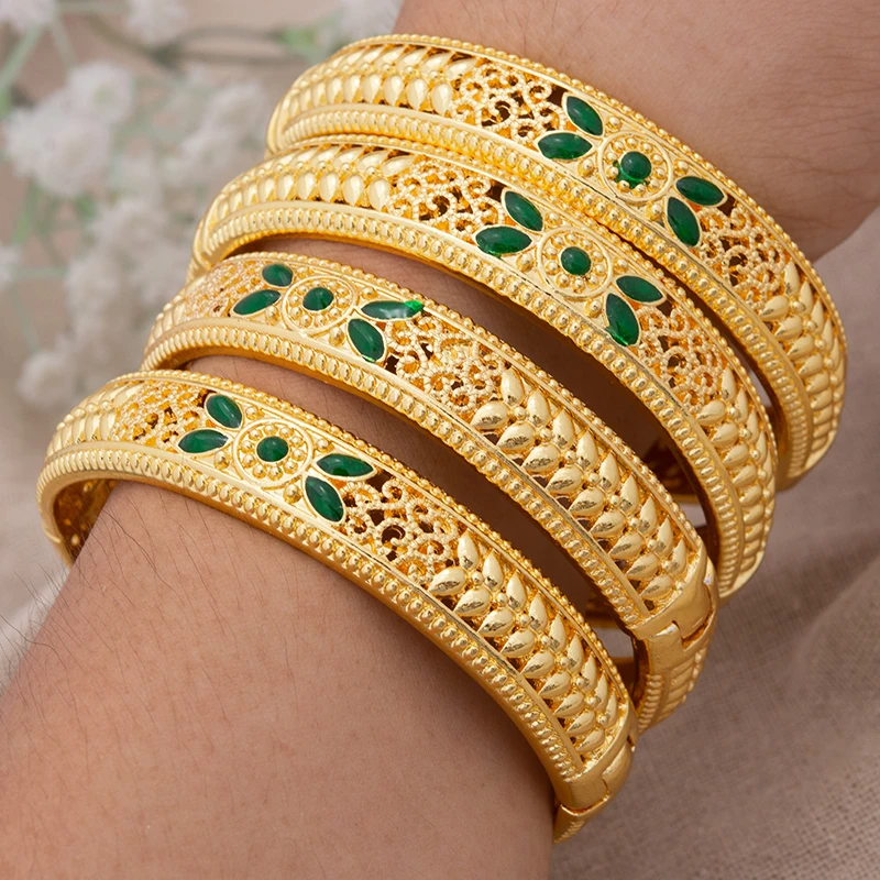 4Pcs/set 24K Dubai Gold Color Bangles for Women Ethiopia wedding Bangles&Bracelets Africa Saudi Arab Green  jewelry Party gift