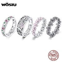 wostu flower silver 925 ring pink zircon daisy flower enamel rings for female fingers original wedding engagement jewelry gift