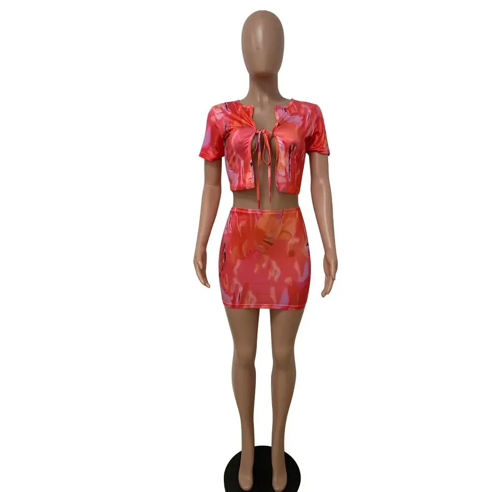 

Sexy Women Skirt Suit Print Tie Dye Drawstring Shirt + Mini Dress Streetwear Summer Clothes For Women Outfit