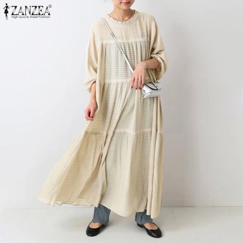 

2PC ZANZEA Women Spring Sundress Casual Long Puff Sleeve Ruffles Dress Elegant Office Work Maxi Vestidos Robe Femme Slip Dress
