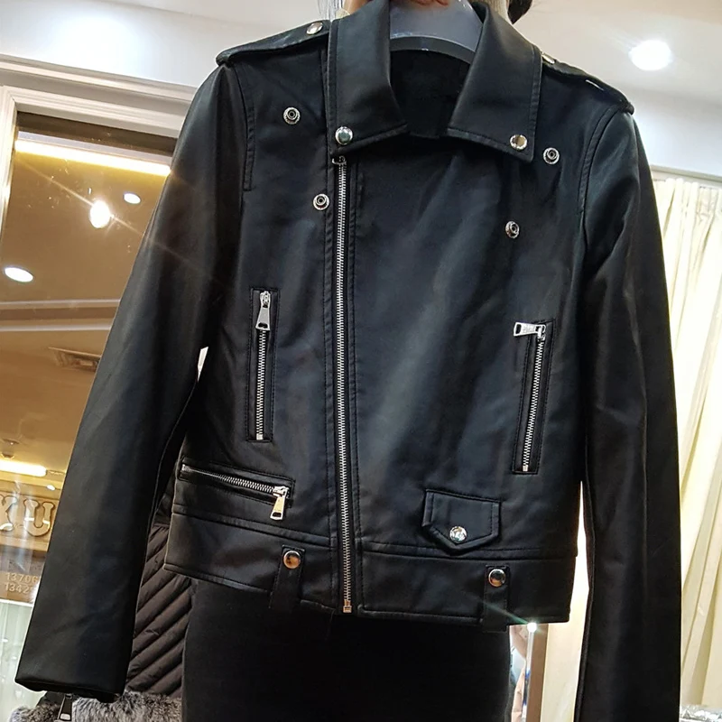 

2021 New Winter Women Black Faux Leather Jacket Casual Ladies Basic Jackets Coats Female PU Leather Motorcycle Jacket For Girls