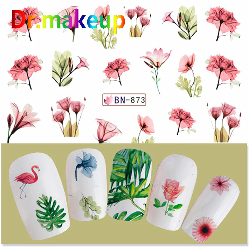 Dr.makeup 12pcs 3D Summer Water Transfer Nail Stickers DIY Flamingo Flower Pink Adhesive Sliders Manicure Art Decals | Красота и